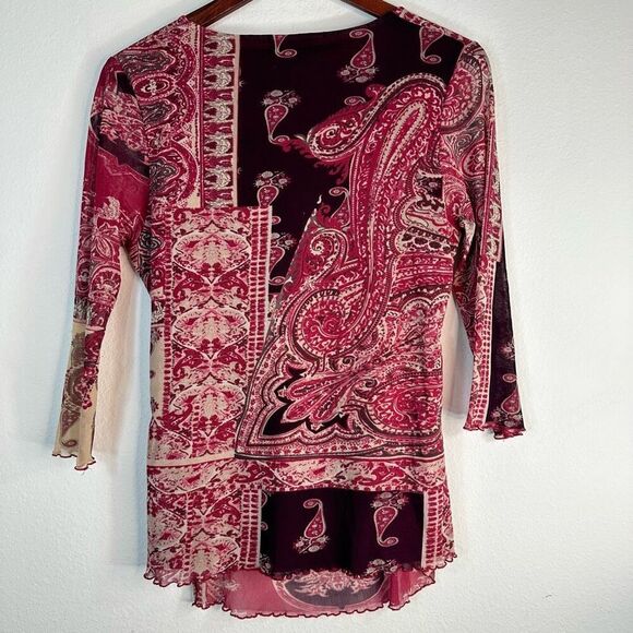 BCBGMAXAZRIA Boho Paisley Y2K Mesh Surplice Top Women Large Nylon Sheer Girlcore - Picture 2 of 8